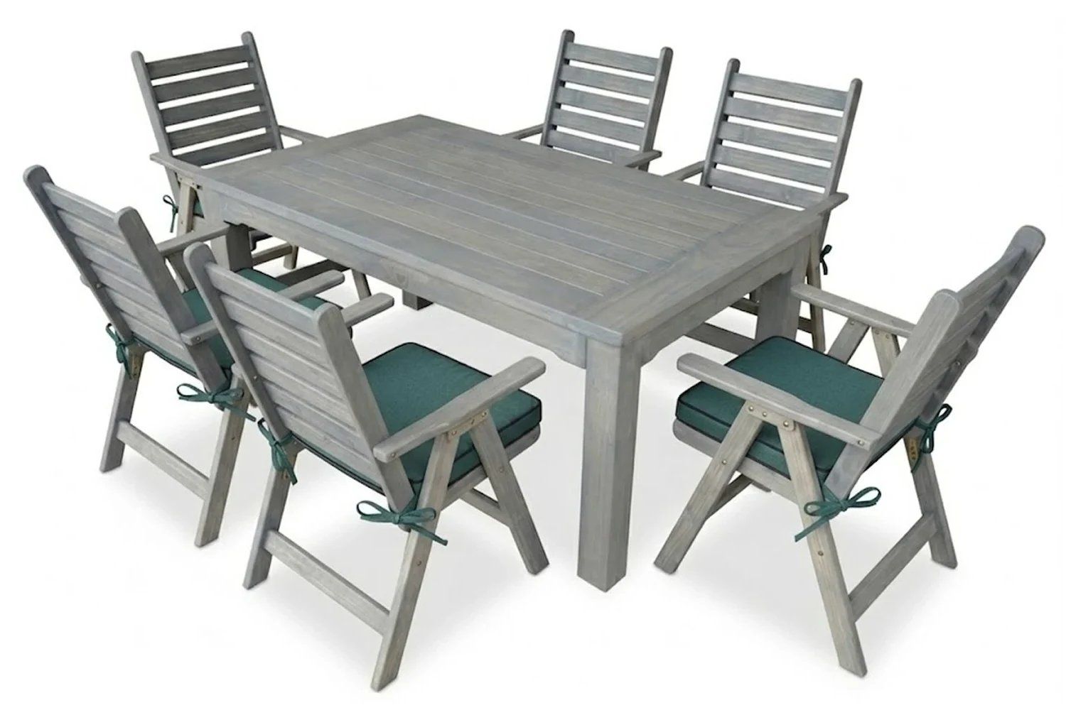 Aged Pine Patio Dining Set 6-Seater 1600mm x1 Table x6 Highback Chairs Green Seat Cushions (Undercover only)