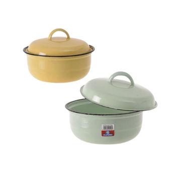 Food Dish Enamel - 18cm With Lid Plain asstd - Pack of 2