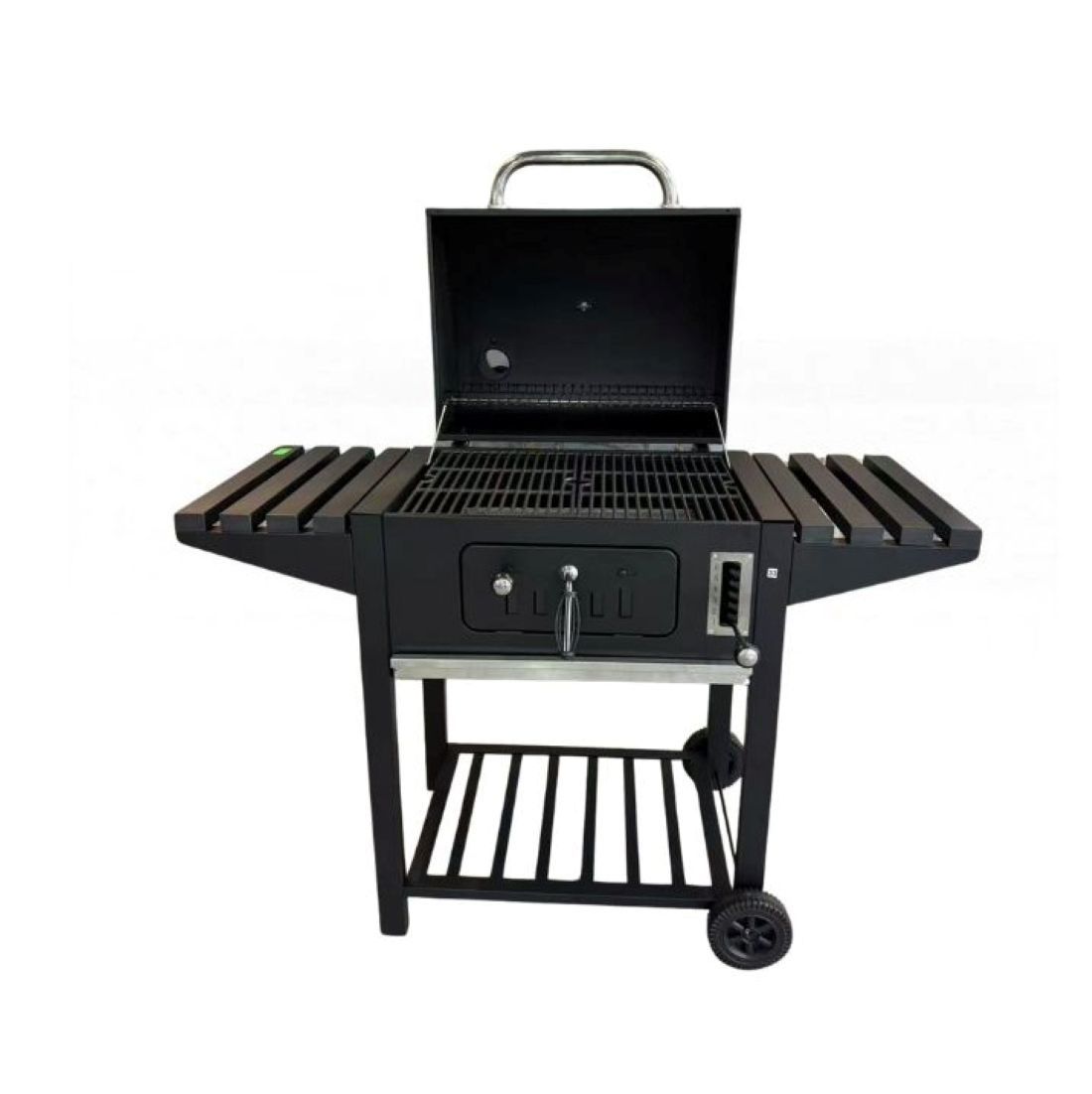 Outdoor Charcoal BBQ Grill with Side Shelves, Wheels, Storage Rack, Black