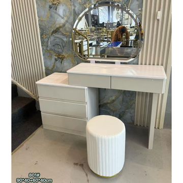 Madiega Furniture - White Glossy Modern Vanity Table with Gold‑LED Rim Mirror