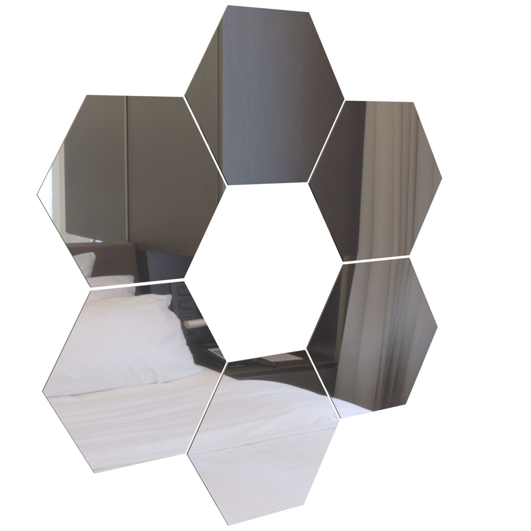 Silver Hexagon Acrylic Mirror Wall Art Tiles Décor - Self Adhesive- 20cm - Large - 6-Pack