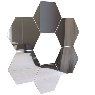Silver Hexagon Acrylic Mirror Wall Art Tiles Décor - Self Adhesive- 20cm - Large - 6-Pack
