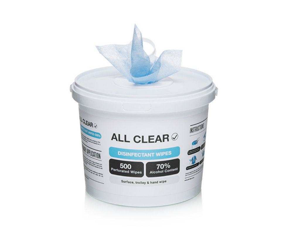 All Clear - Pack Of 2 - 500 - 70% Alcohol Disinfectant Wipes Bucket