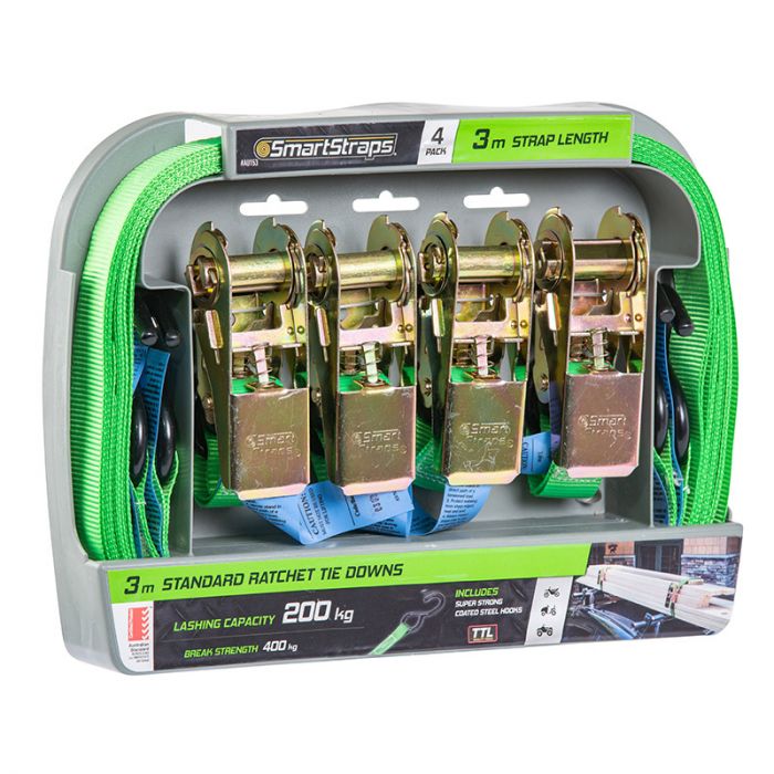 SmartStraps - 3m Standard Ratchet Tie Downs - Green - 4 Pack