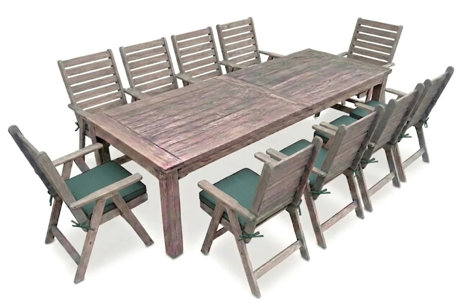 Aged Pine Patio Dining Set 10-Seater 300cm( x1 Table x10 Highback Chairs x10 green seat cushions)