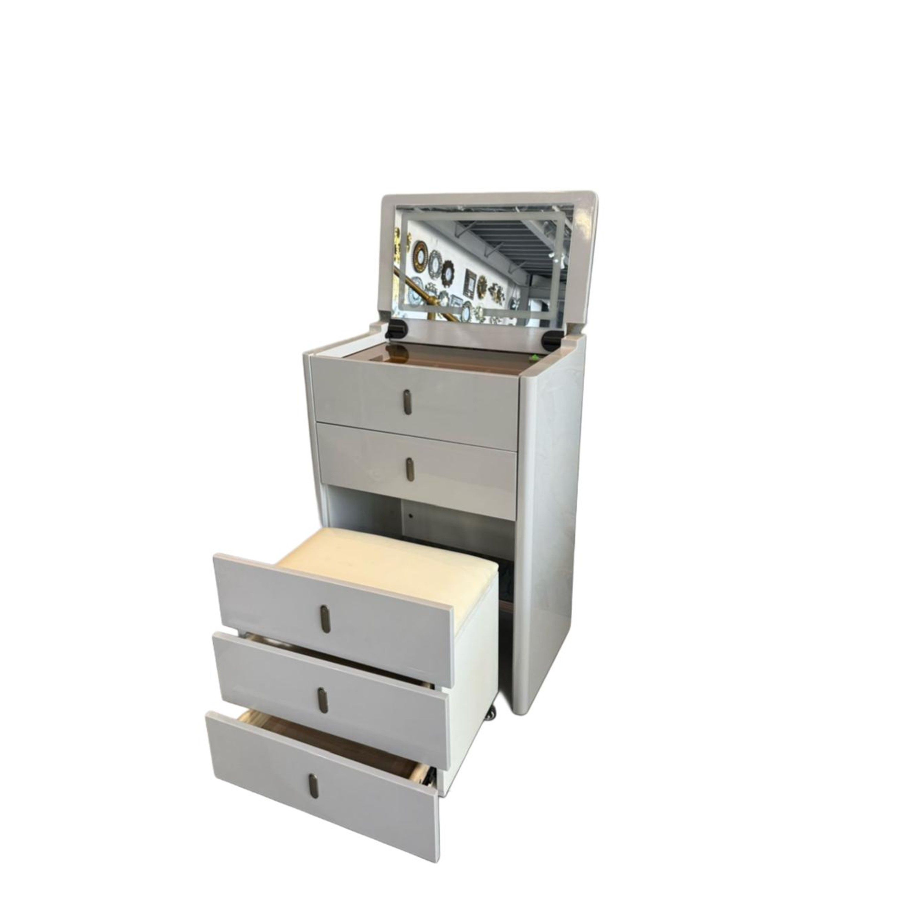 White Dressing Table with a Pop-Up Mirror and Hidden Stool