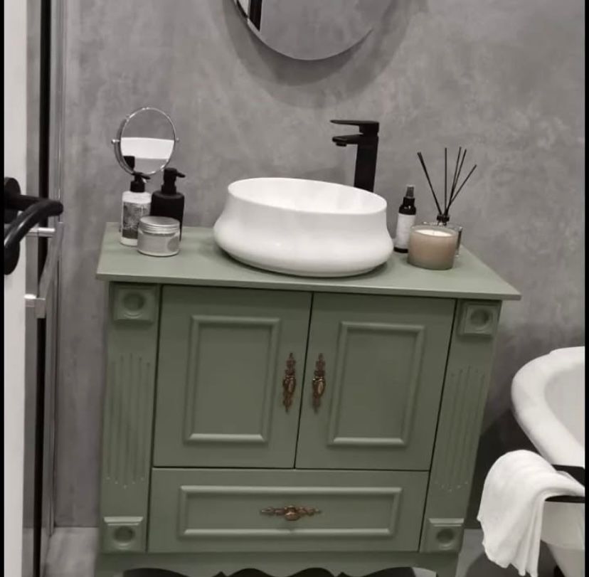 Double Door, single basin Bathroom vanity with painted wooden top, Sage Green