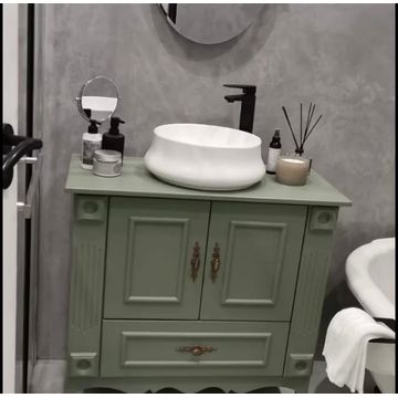 Double Door, single basin Bathroom vanity with painted wooden top, Sage Green