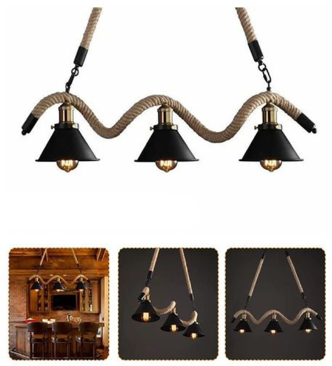 Vintage 3-Light Hemp Rope Pendant – Rustic Industrial Ceiling Light