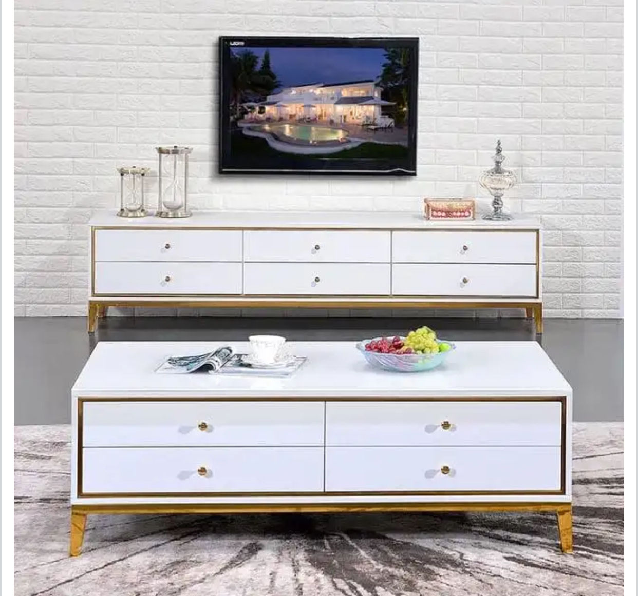 Asher Coffee Table + TV Stand Set (White)