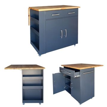 Kitchen Island on Wheels with Fold-Out Table - Midnight/Pine (Natural)