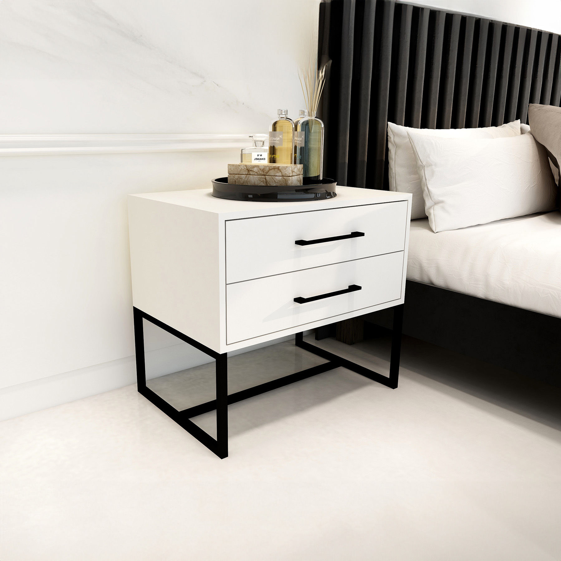 Bedside Pedestal Lilo Satin White - Black Frame