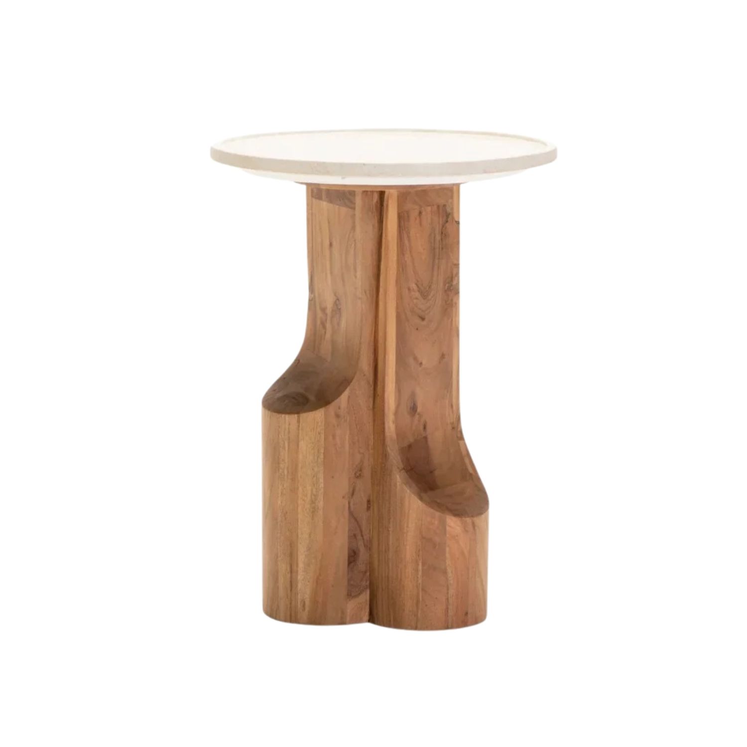 Botticino Marble Top Solid Acacia Side Table