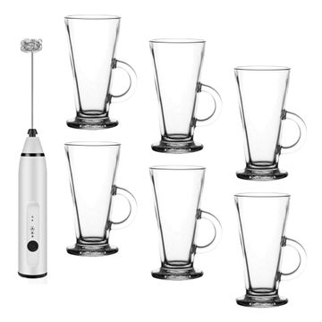 Latte Glass Mugs with Milk Frother - 6 Pack