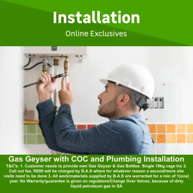 Gas Geyser installation with Gas CoC and Plumbing Dbl 19kg cage by Black Apple Solutions