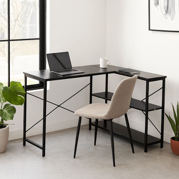 Studio Workstation Desk – L-Shaped with Shelves, Stormwood Finish & Black Frame