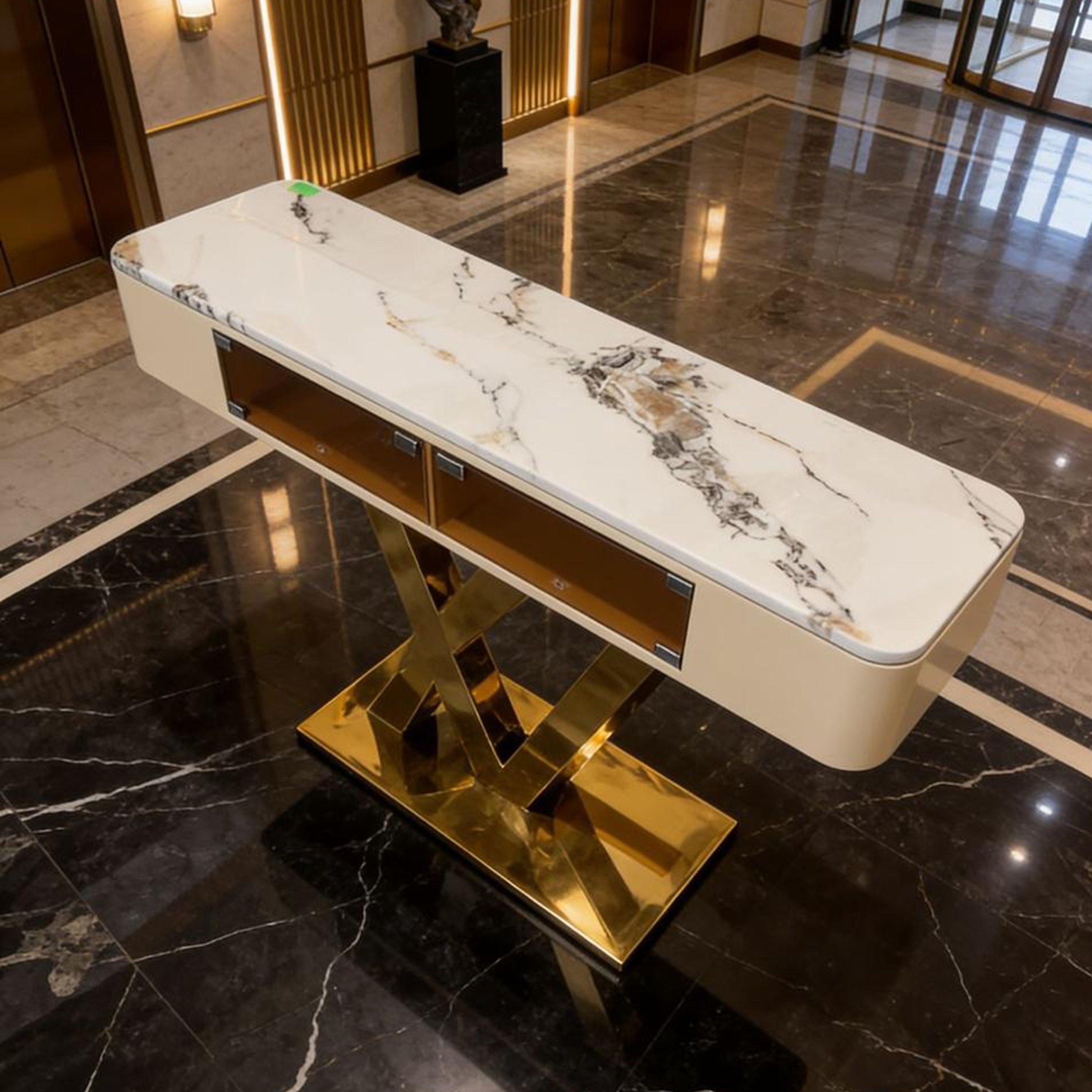 Madiega Furniture - White Marble & Gold Geometric Base Console