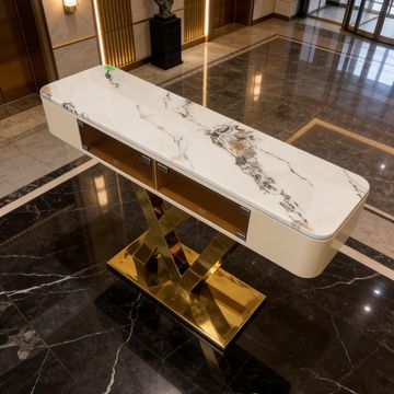 Madiega Furniture - White Marble & Gold Geometric Base Console