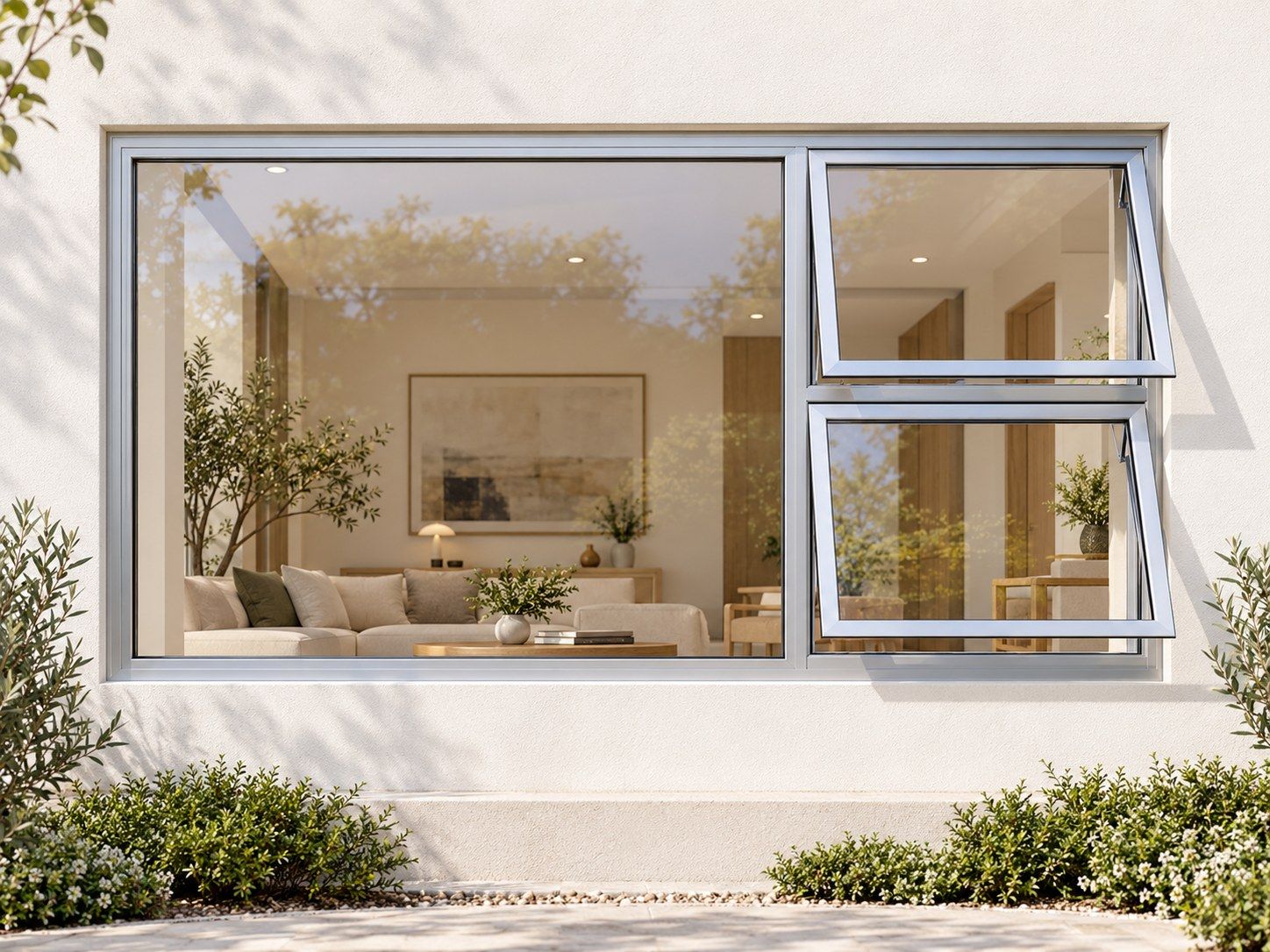 Kenzo Premium Top-Hung Aluminium Window - Silver, 2400 1200 mm, Right Two Openers with Fixed Side Pane, Clear Glass