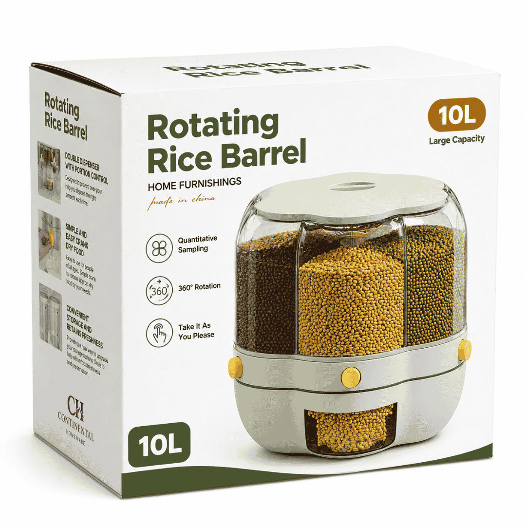 Rotating Rice Barrel Grain Storage Container – Multi-Compartment Food Dispenser