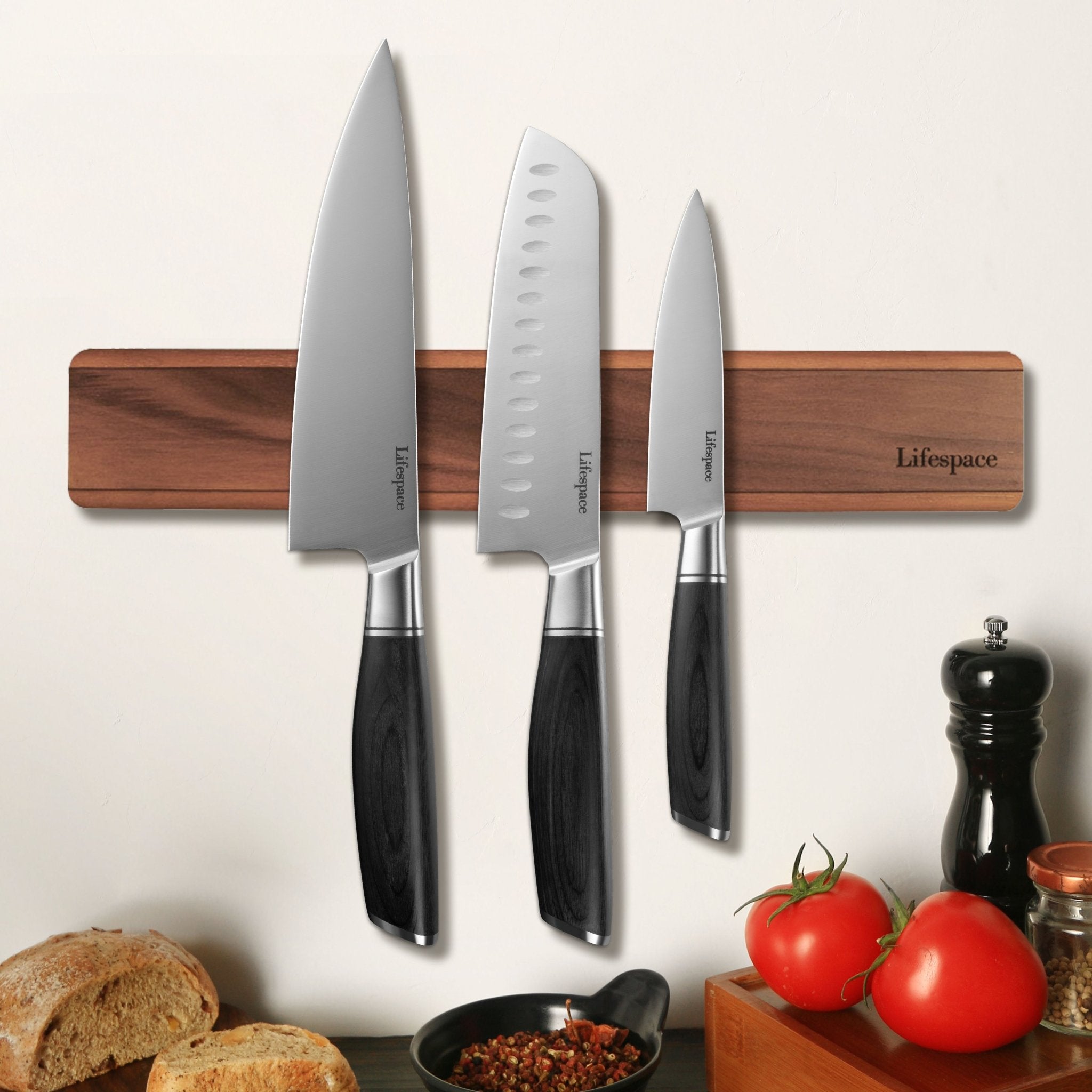 Lifespace Premium Walnut Wall Mount Magnetic Knife Rack with Strong Magnets