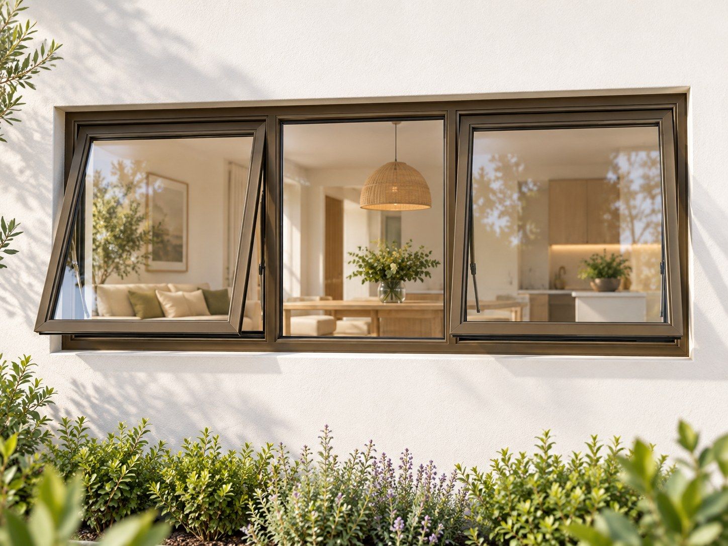 Kenzo Premium Top-Hung Aluminium Window - Bronze, 1500 600 mm, Two Outer Openers with Fixed Centre, Clear Glass