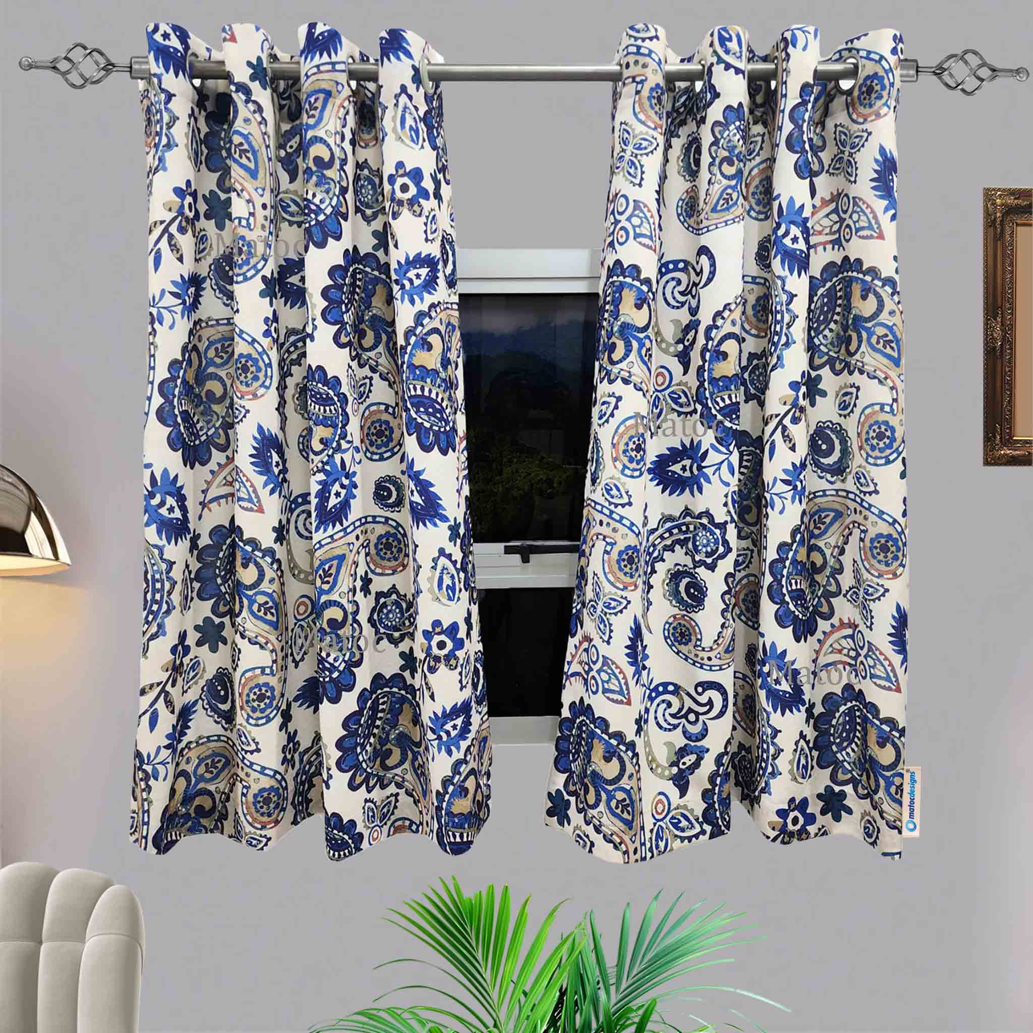 Matoc Designs Shorter Curtain - Paisley Blue - Eyelet - 110cm W x 163cm H - Pack of 2