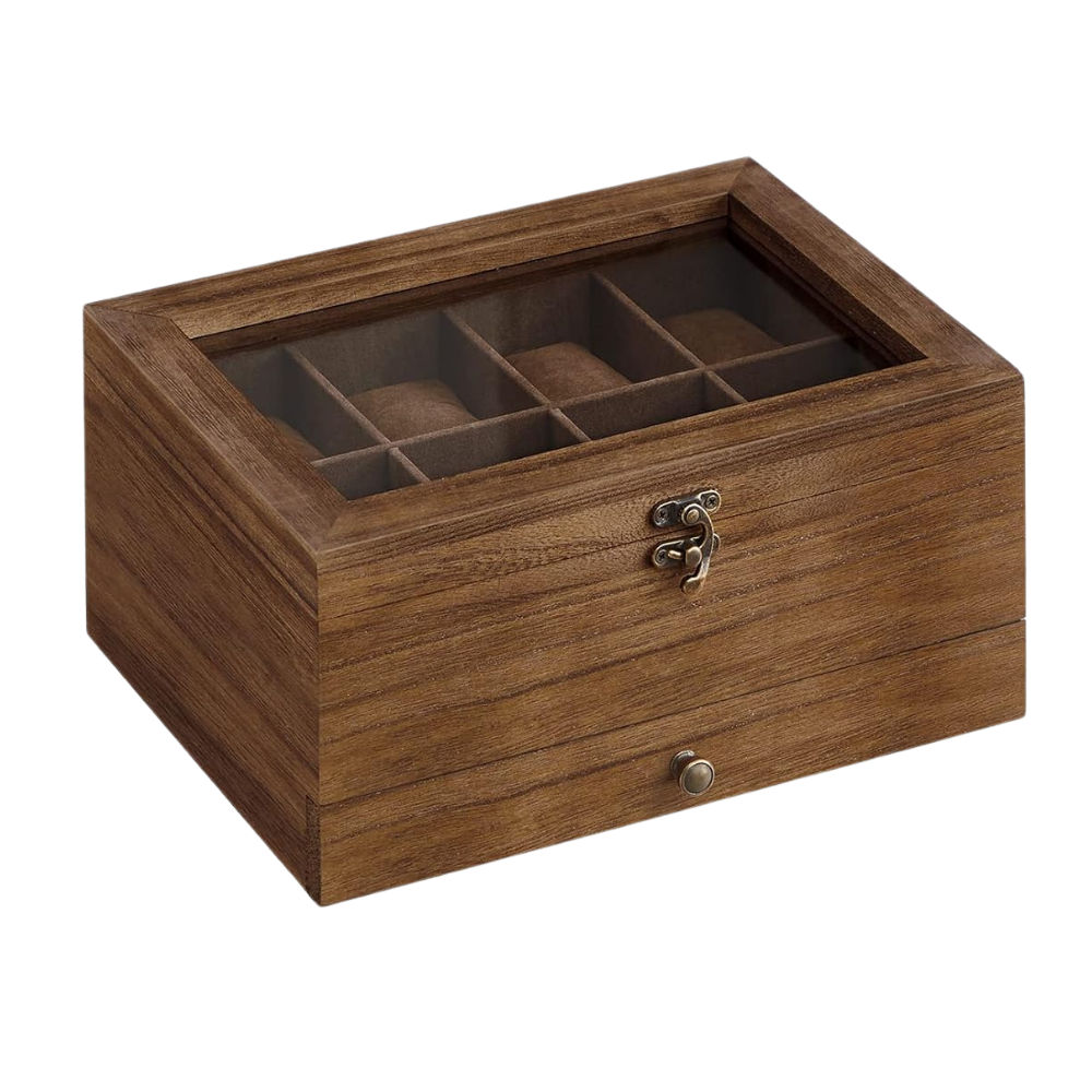 Songmics 2-Tier Wooden Watch Box with Glass Lid, 8 Slots