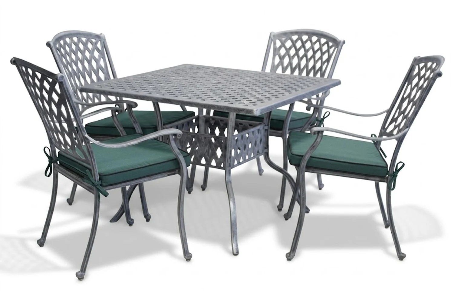 Tuscan Aluminium Dining Set 4-Seater 1000mm Square (Silver, Green Cushions)