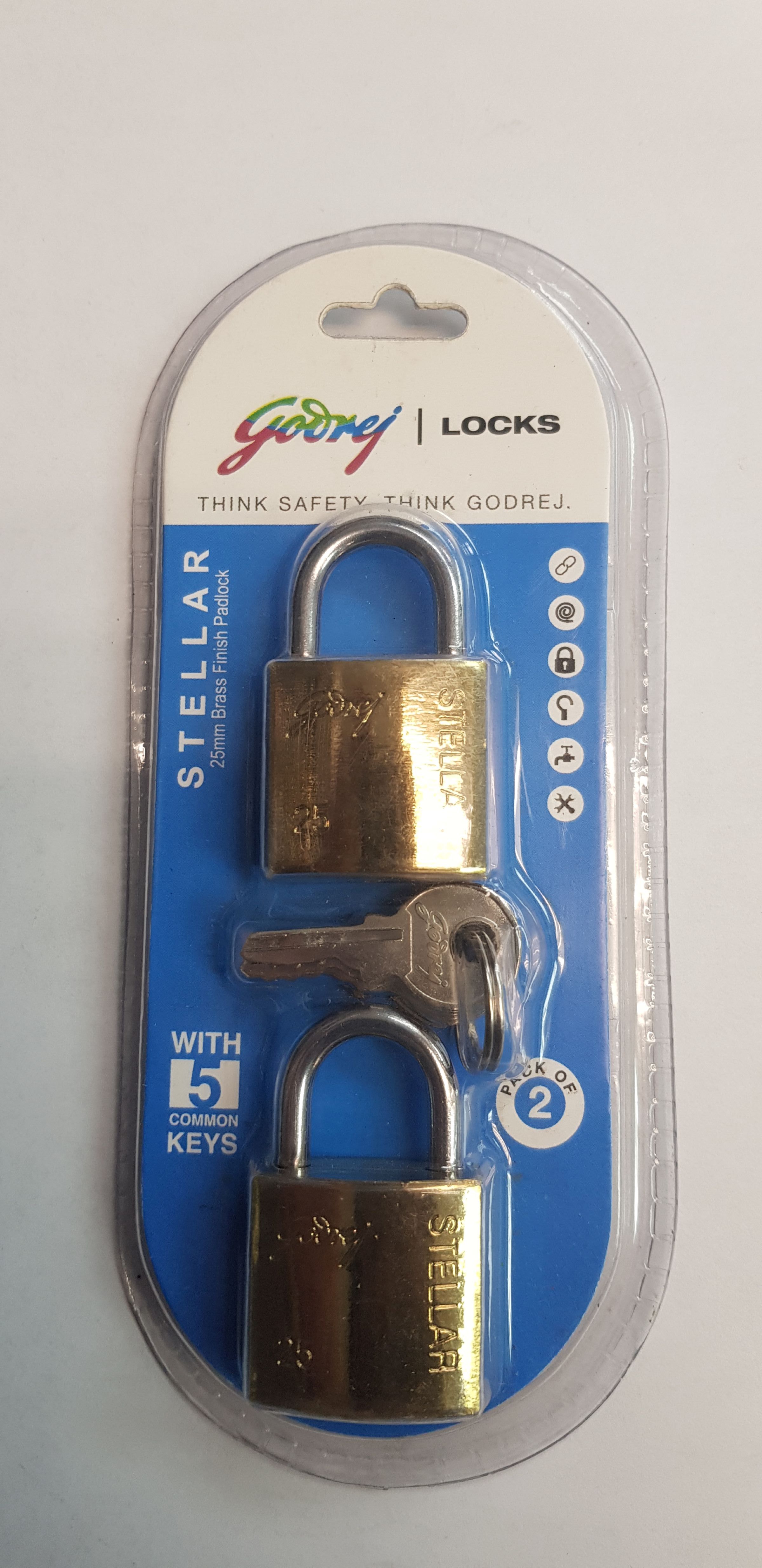 Godrej Stellar 25mm Brass Coated Pack of Two Padlocks (with common key
