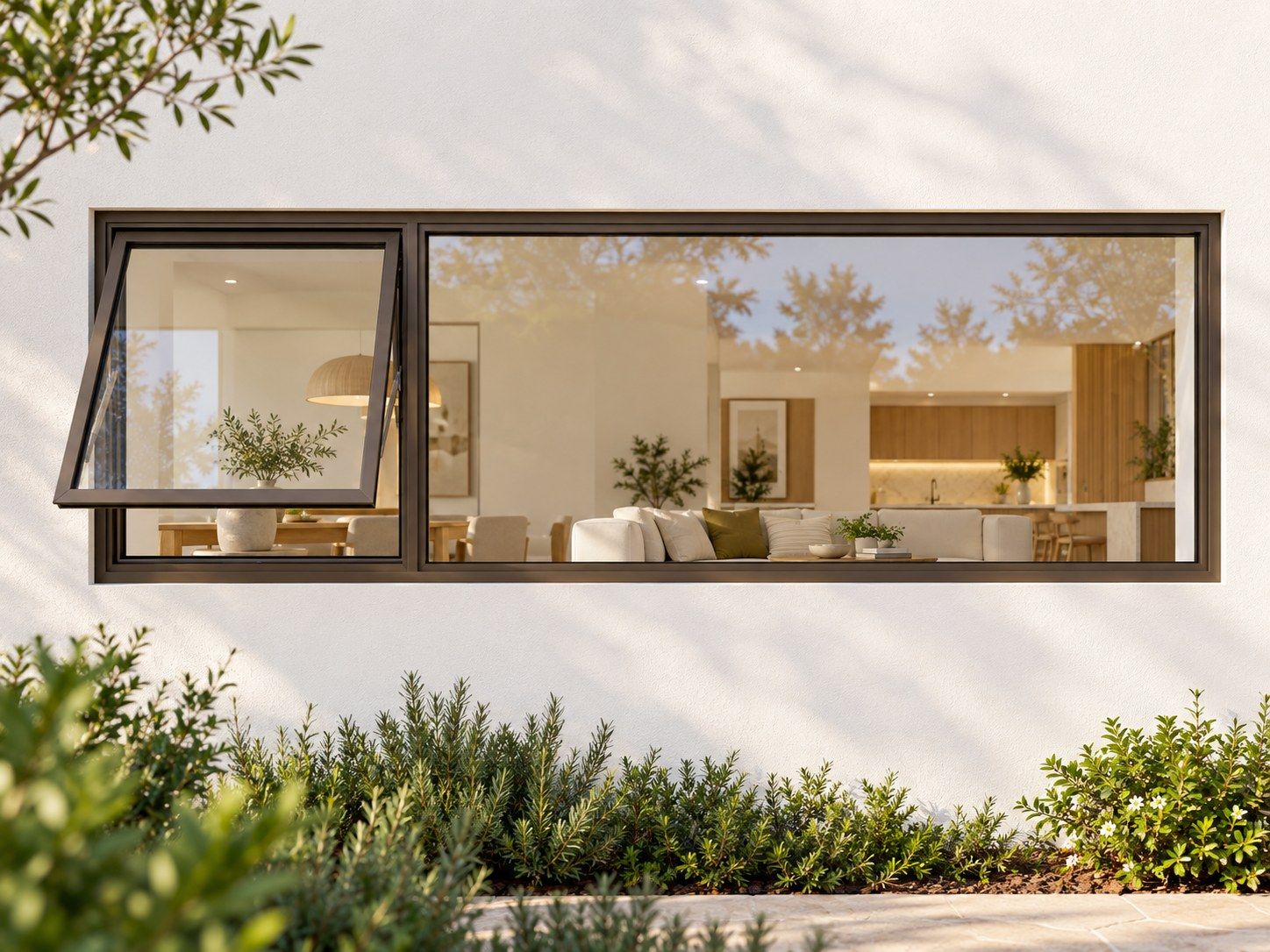 Kenzo Premium Top-Hung Aluminium Window - Bronze, 2400 600 mm, Left Upper Opener with Fixed Side Pane, Clear Glass