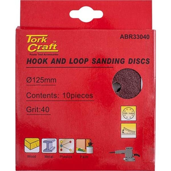 Sanding Disc 125mm 40 Grit with Holes 10 Piece Hook and Loop - 10 Pack