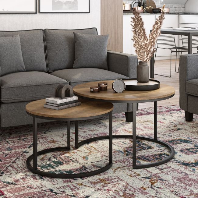 QandAHome-Claudia Set of 2 Round Nesting Coffee Tables, Brown