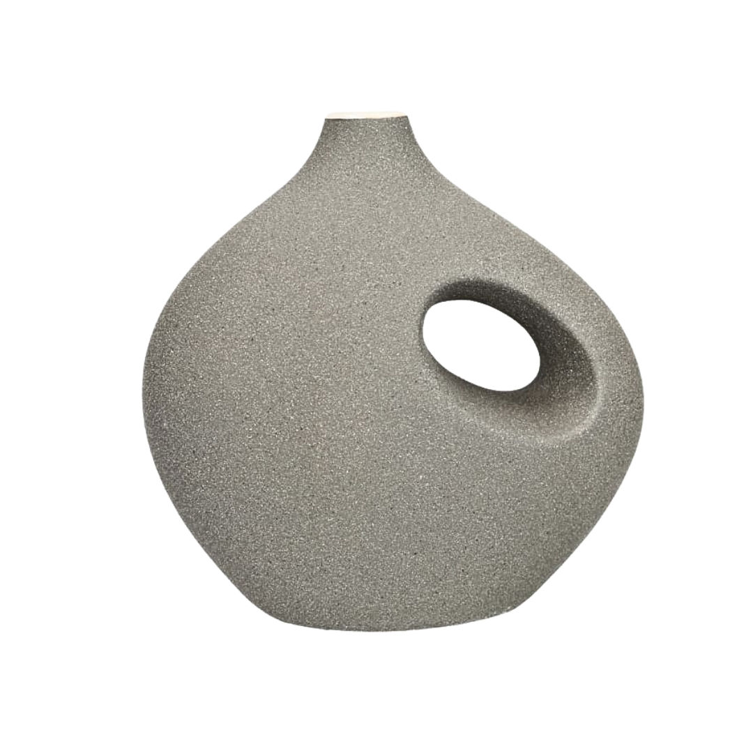 Danny Home Modern Asymmetric Ceramic Pitcher Flower Vase with Cutout Handle (21 x 11.5 x 20.7cm) – Textured Matte Grey