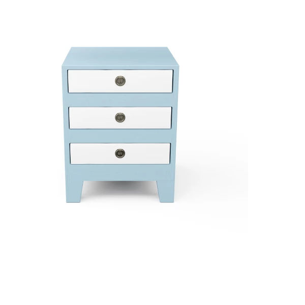 Furnwood Bedside Table Three Drawer Aqua Blue and White