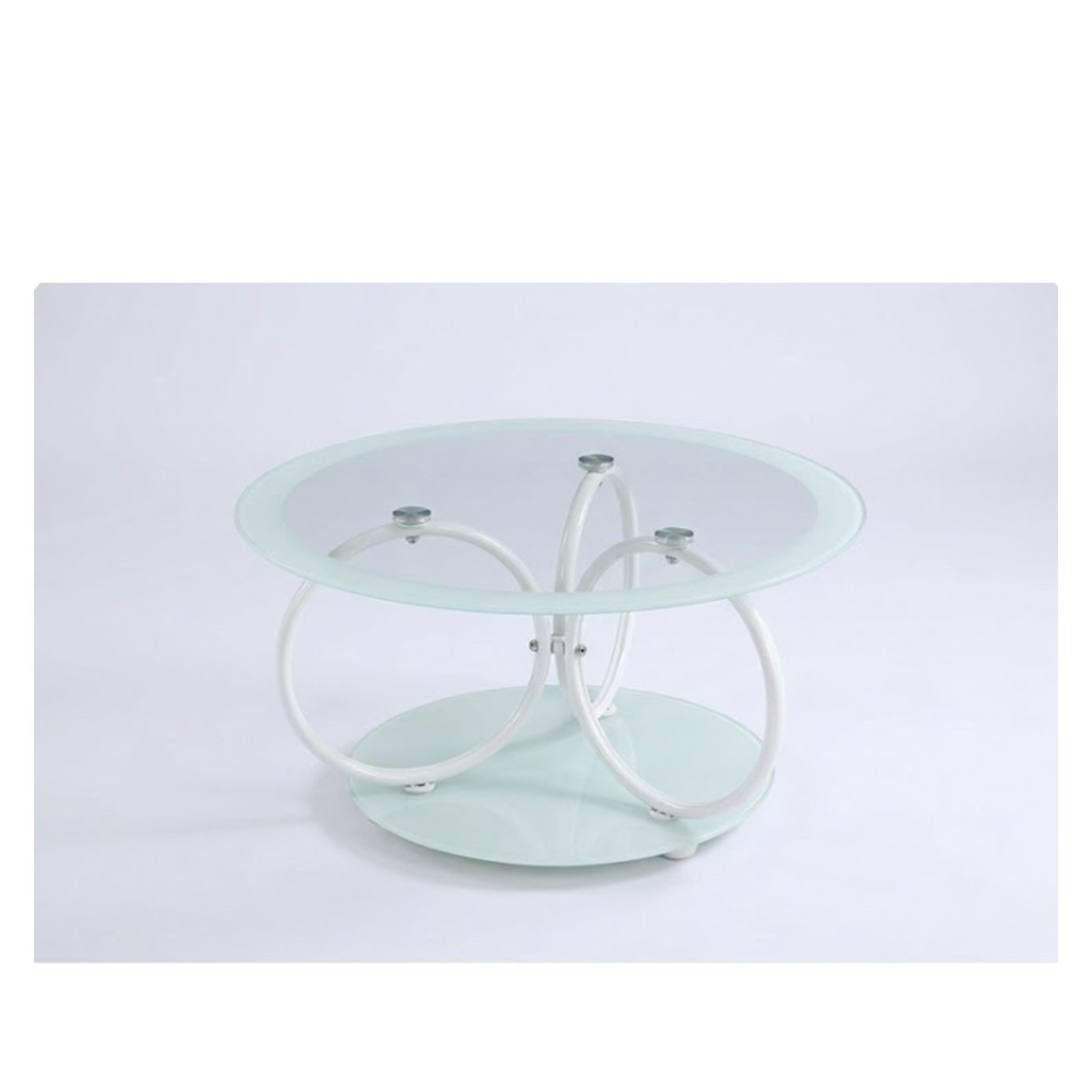 Madiega Furniture - Modern Round Glass Coffee Table with White Metal Base and Lower Shelf