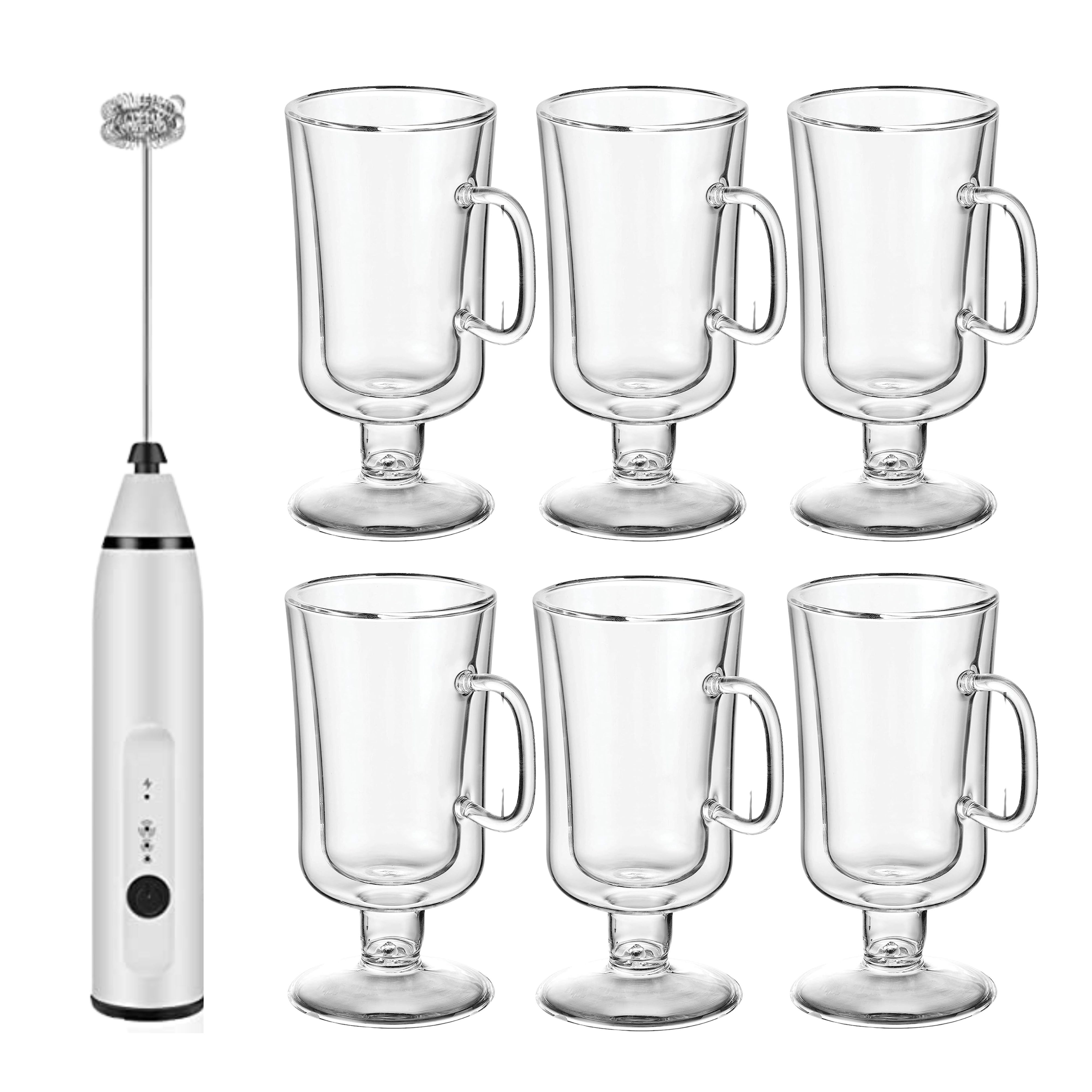 Glass Irish Coffee Mugs and Milk Frother - 6 Pack