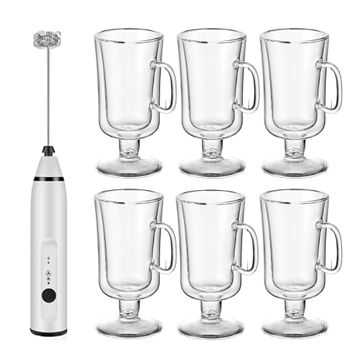 Glass Irish Coffee Mugs and Milk Frother - 6 Pack