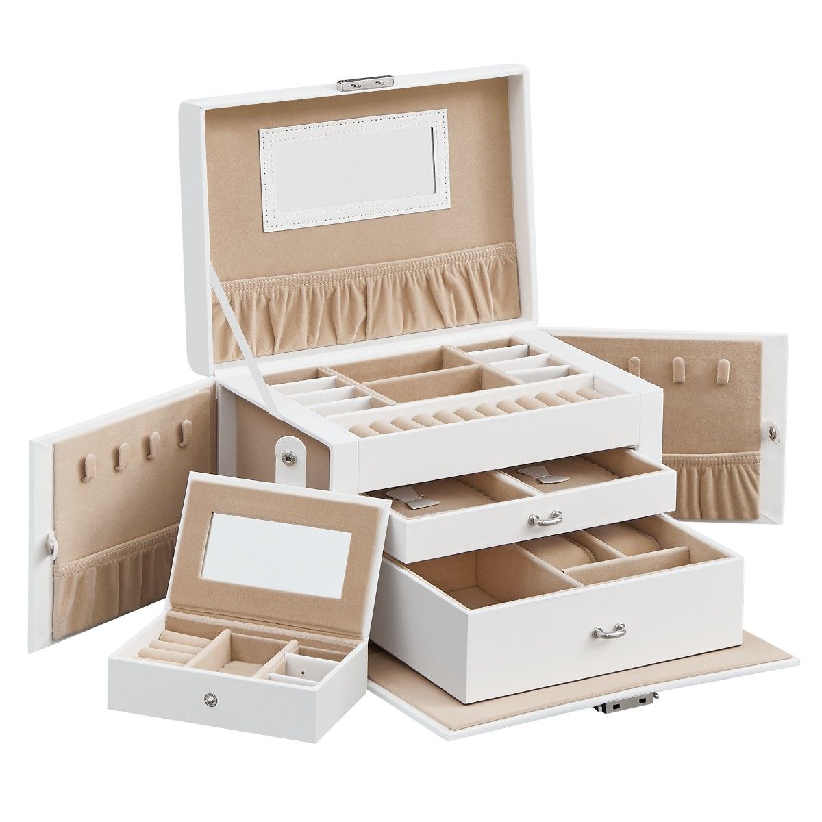 3 Layer Jewelry Box - Lockable Organizer with 2 Drawers Gray