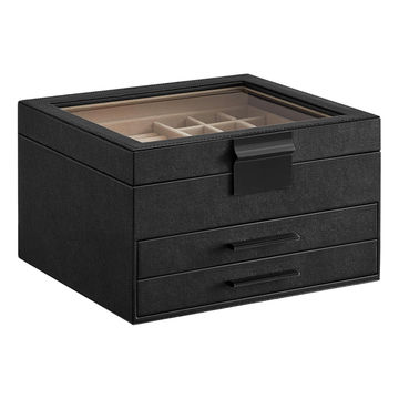 3-LAYER JEWELRY BOX WITH GLASS LID & DRAWERS, BLACK