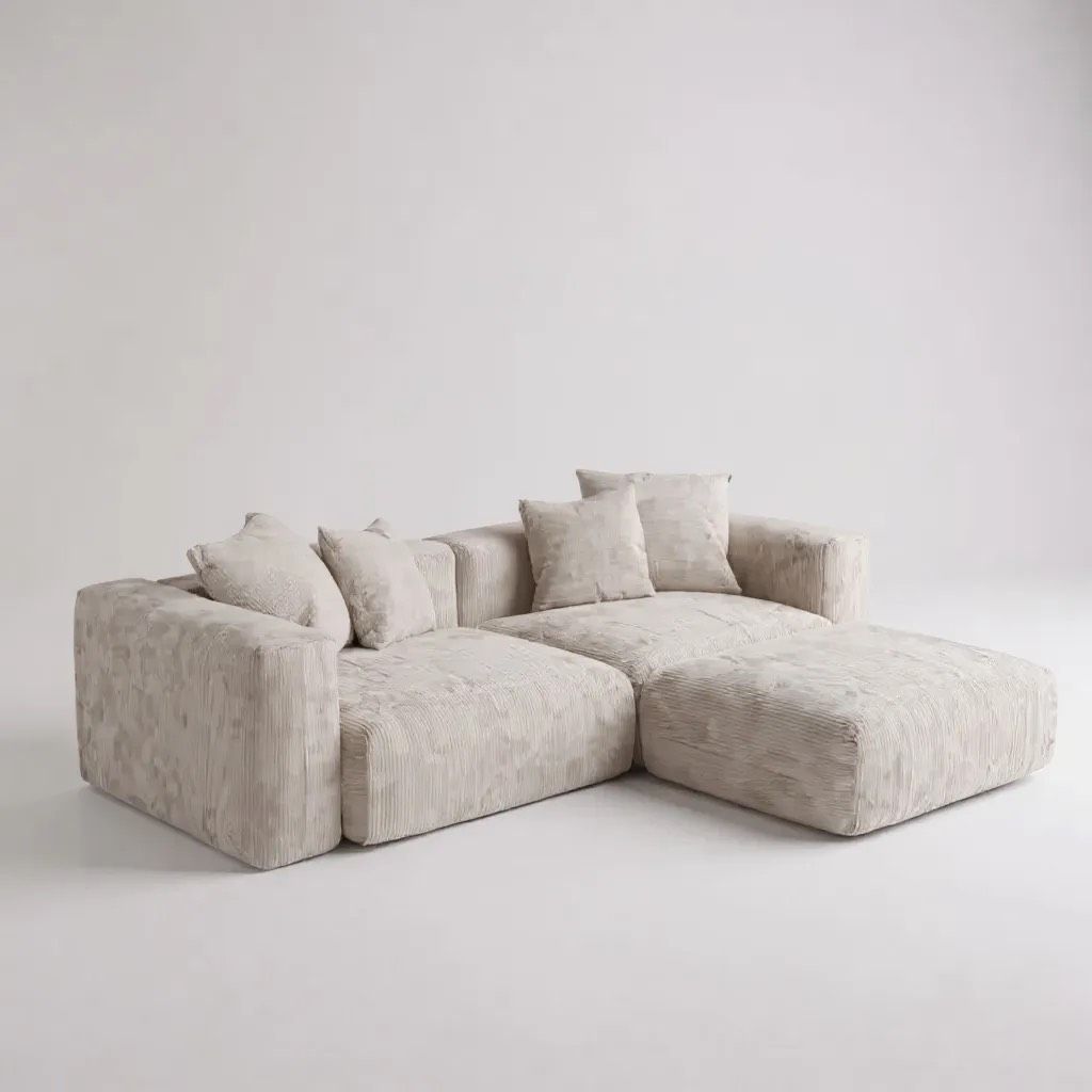 3 Seater Couch - Corduroy fabric - Beige - with Ottoman