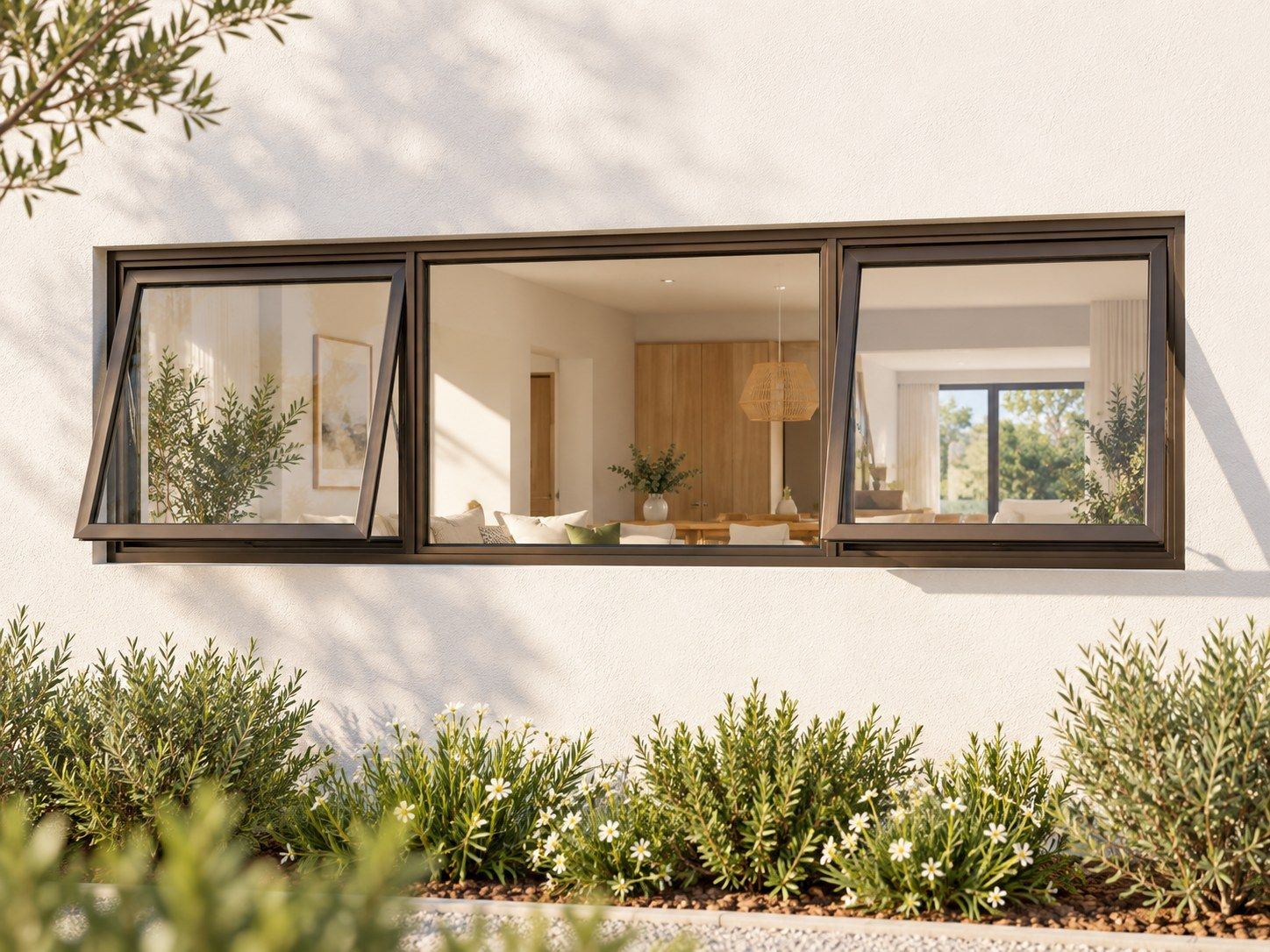 Kenzo Premium Top-Hung Aluminium Window - Bronze, 2100 400 mm, Two Outer Openers with Fixed Centre, Clear Glass