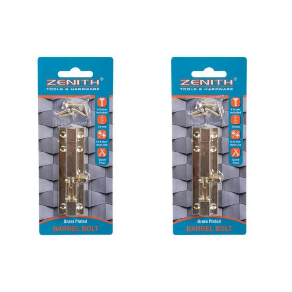 Barrel-bolt+screws brass 75mm zenith 2 pack