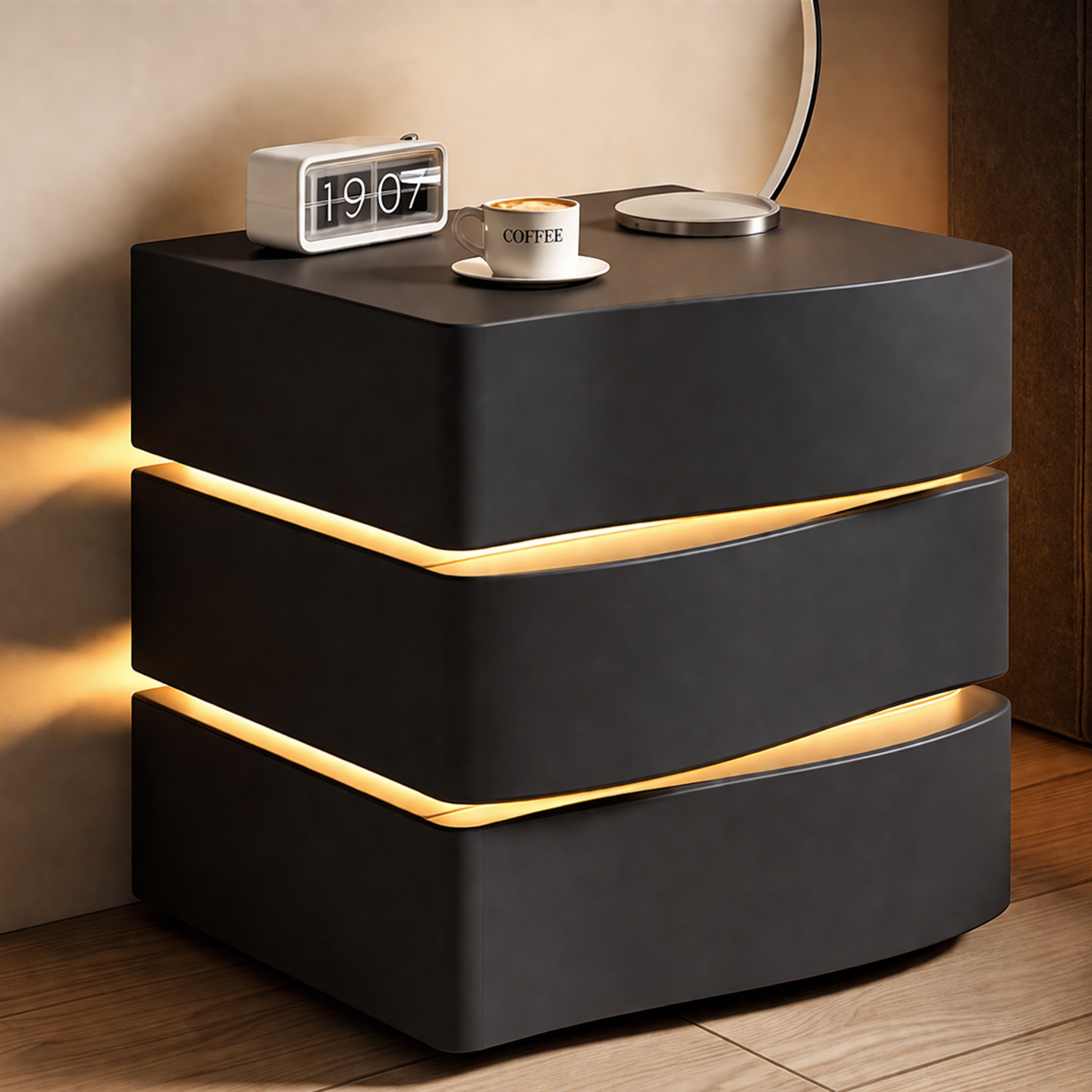 Madiega Furniture - Black 3-Tier Floating Nightstand with LED Light and Wave Design
