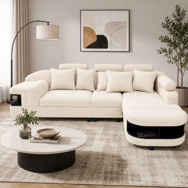 Chloe L Shape Corner Sofa – Chenille Fabric White
