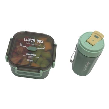 Green Squared 1100ml Lunchbox Container Double Layer and Travel Coffee Drink Cup 500ml