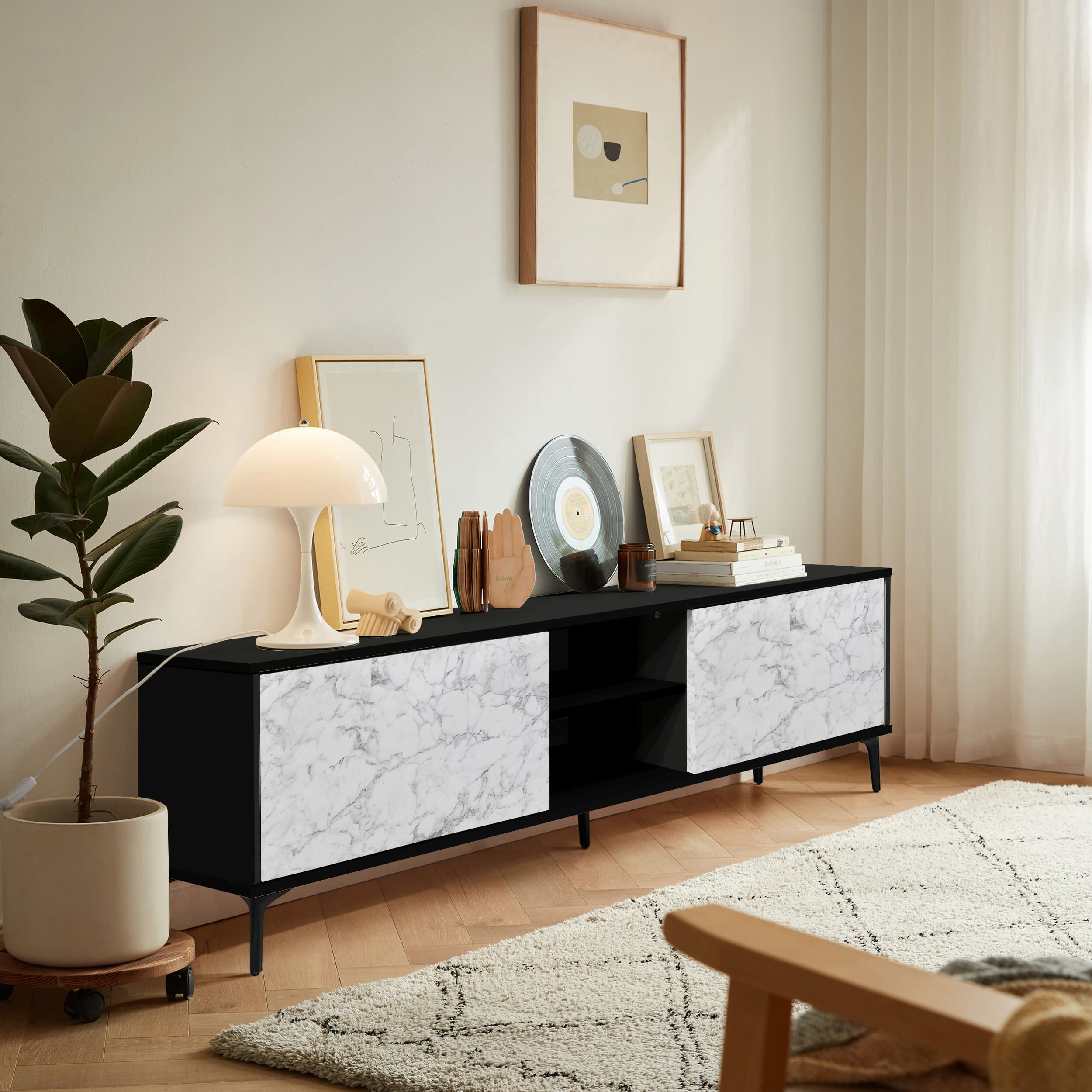 Petra TV Stand Black-Marble 160cm