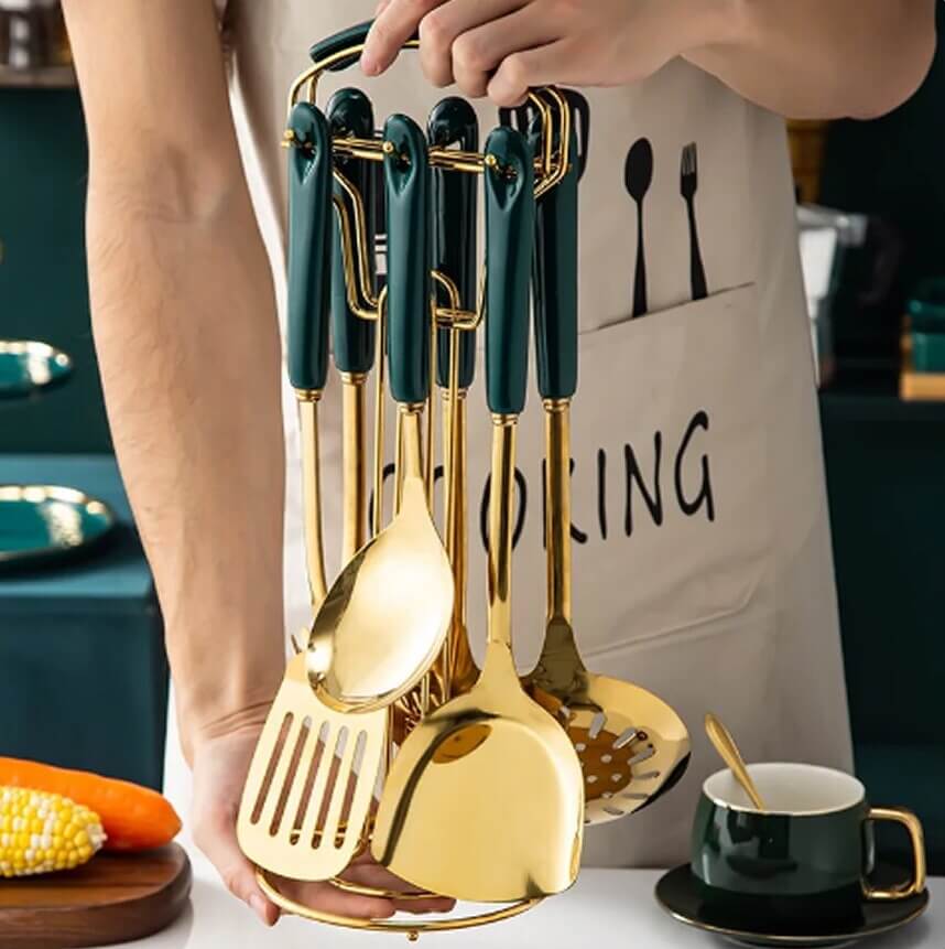 7 Piece Stainless Steel Luxury Cooking Utensils Set With Holder - Green