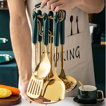 7 Piece Stainless Steel Luxury Cooking Utensils Set With Holder - Green