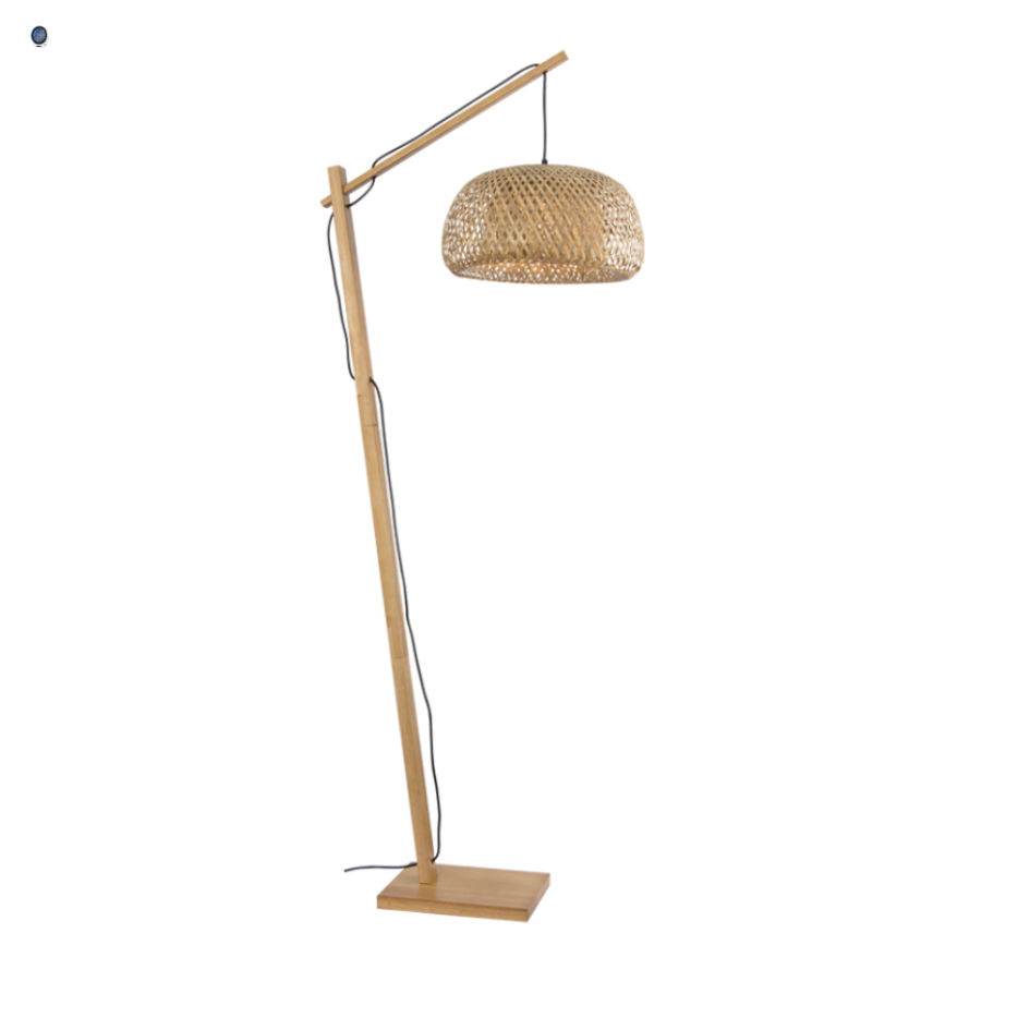 Wood and Metal Floor Lamp with Bamboo Shade On/Off Foot Switch